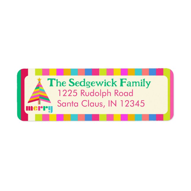 Merry Bright Stripes Christmas Tree Return Address (Front)