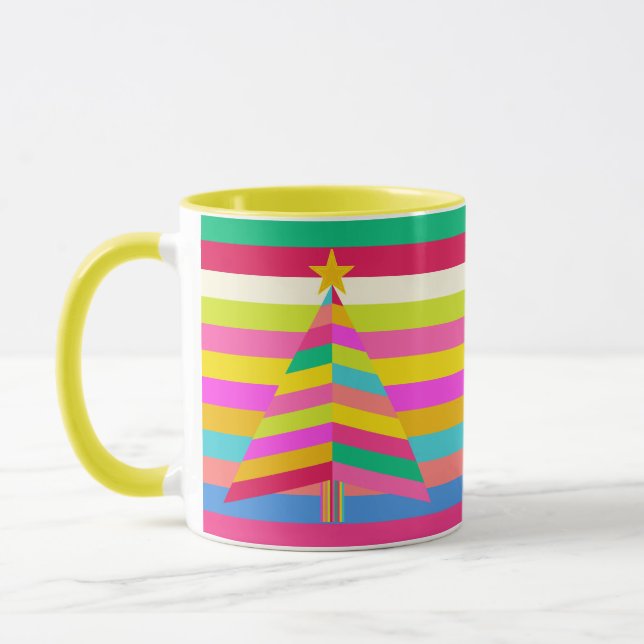 merry Bright Stripes Colourful Christmas Tree Mug (Left)