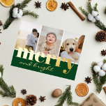 Merry Bright Stylish Green Three Photo Christmas Foil Holiday Card<br><div class="desc">Stylish modern Christmas real gold foil holiday card featuring three photo collage and Holiday greetings in gold on the festive green background: Merry and bright, in a mix of classic typography and chic modern handwritten script. The reverse of the card contains your custom Christmas message in modern font, black on...</div>