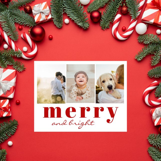 Merry Bright Three Photo Chic Red White Christmas Holiday Postcard (Creator Uploaded)