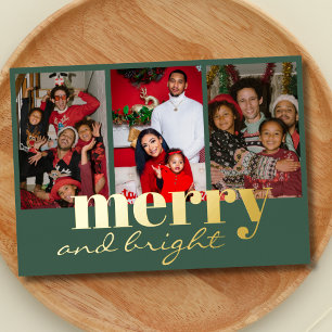 Merry Bright Three Photo green Foil Holiday Card