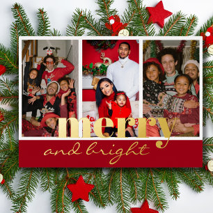 Merry Bright Three Photo Red and gold Foil Holiday Card