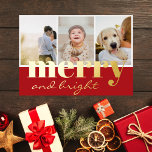 Merry Bright Three Photo Red White Christmas Foil Holiday Card<br><div class="desc">Elegant modern Christmas real gold foil holiday card featuring three photo collage and Holiday greeting in gold on the red background: Merry and bright, in a mix of classic typography and chic modern handwritten script. The reverse of the card has red and white stripes and contains your custom Christmas message...</div>