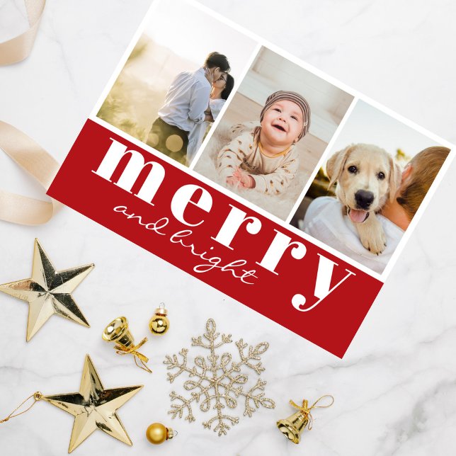 Merry Bright Three Photo Red White Christmas Holiday Card (Creator Uploaded)