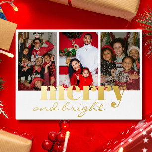 Merry Bright Three Photo White and gold Foil Holiday Card