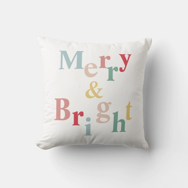 Merry & Bright typography light colour Throw Pillow (Front)