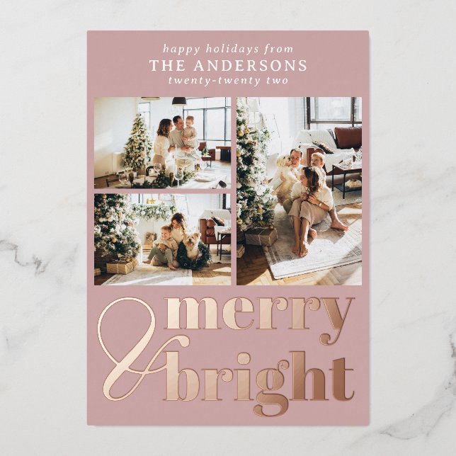 Merry & Bright Typography Photo Christmas Rosegold Foil Holiday Card (Front)