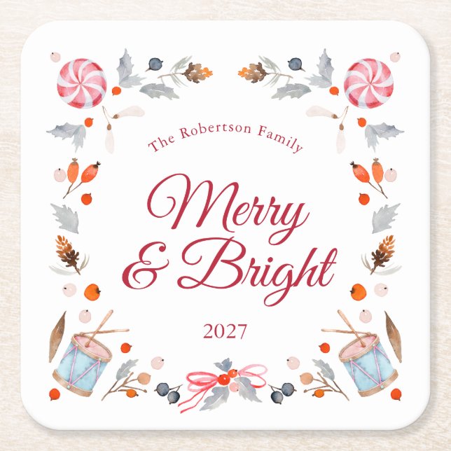Merry & Bright Vintage Christmas Holiday Square Paper Coaster (Front)