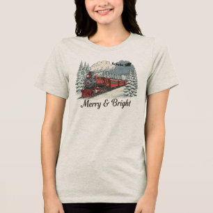 Merry Bright Vintage Christmas Train Holiday Graph Tri-Blend Shirt
