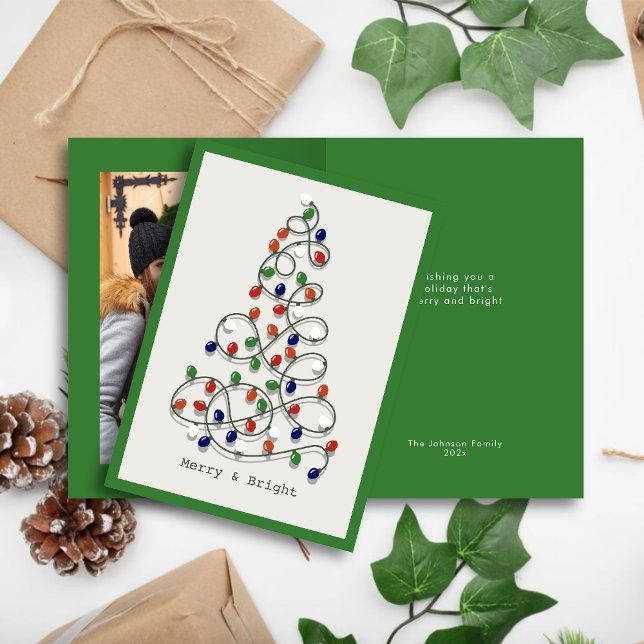 Merry & Bright Vintage Lights Green Photo Holiday Card (Creator Uploaded)