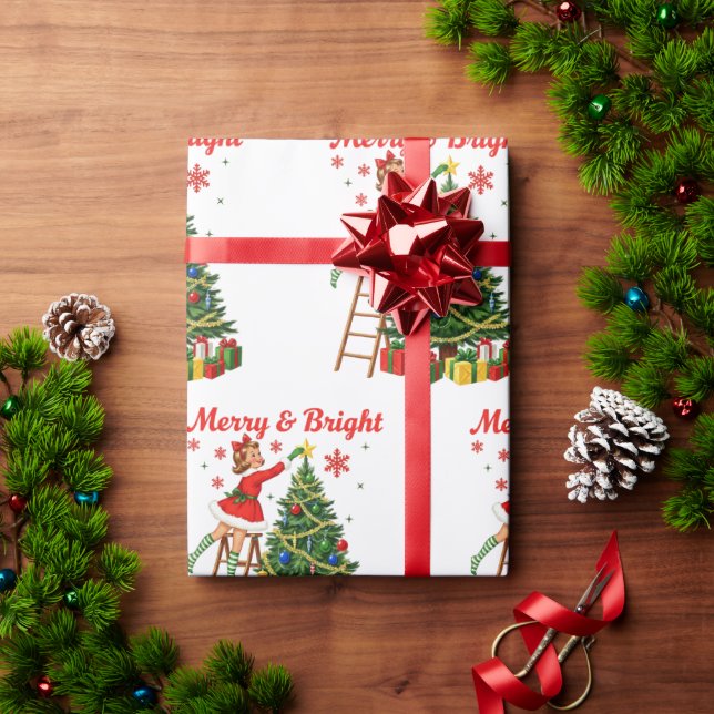 Merry & Bright Vintage Retro Christmas Gift  Wrapping Paper (Holiday Gift)