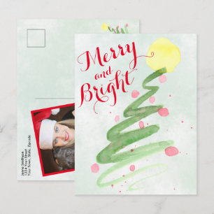 Merry & Bright Watercolor Christmas Tree Photo Holiday Postcard