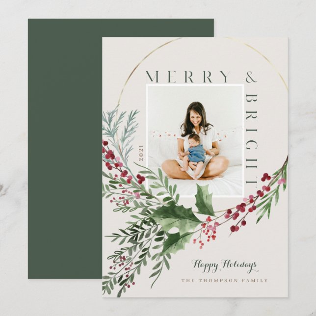 Merry & Bright Watercolor Greenery Wreath Photo Holiday Card (Front/Back)