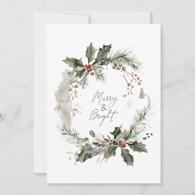 Merry & Bright Watercolor Wreath Festive Greeting Holiday Card (Front)