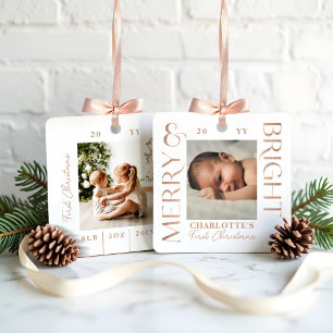 Merry & Bright White Baby First Christmas Photos Metal Ornament