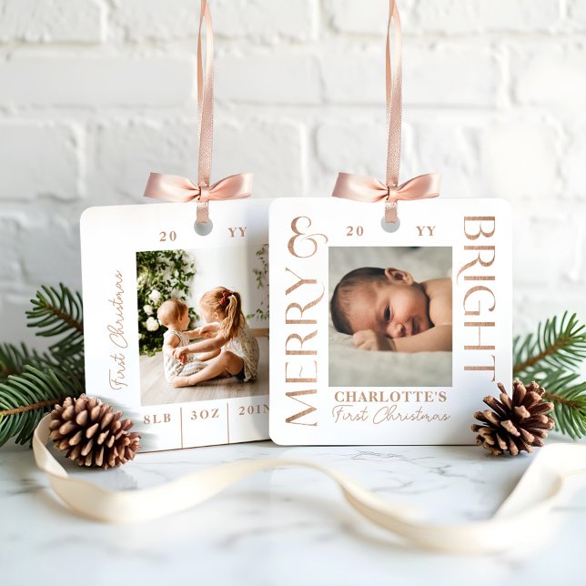 Merry & Bright White Baby First Christmas Photos Metal Ornament (Merry & Bright White Baby First Christmas Photos Metal Ornament)