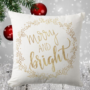 Merry & Bright - White & Gold - Christmas Throw Pillow