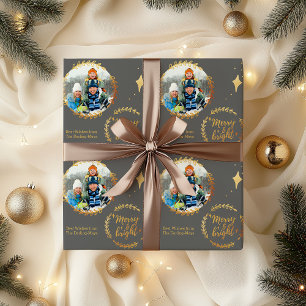 Merry & Bright with Custom Photo - Gold and Grey Wrapping Paper