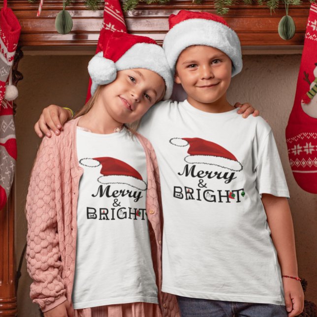 Merry & Bright with Santa Hat Christmas Kids T-Shirt (Merry & Bright with Santa Hat Christmas Kids T-Shirt)