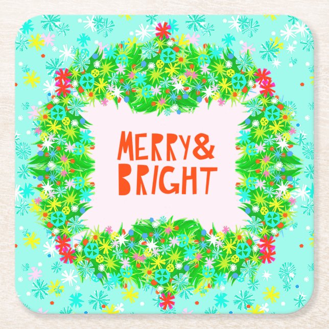 Merry & Bright Wreath Square Paper Coaster (Front)