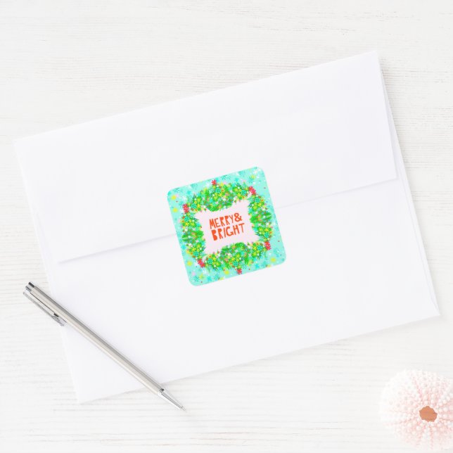 Merry & Bright Wreath Square Sticker (Envelope)