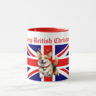 Merry British Christmas Corgi Reindeer Antlers Mug