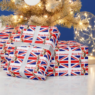 Merry British Christmas Corgi Reindeer Antlers Wrapping Paper