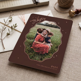 Merry Brown Scallop Frame Photo Foil Holiday Card