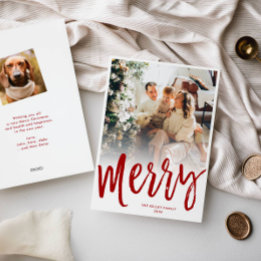 Merry Brush Script Christmas Card, Photo Back, Red Holiday Card