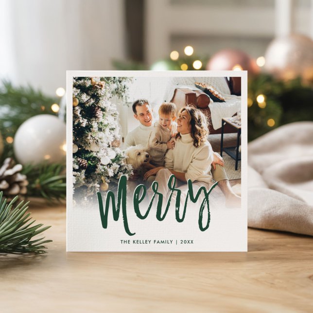 Merry Brush Script Green Square Holiday Card (Creator Uploaded)