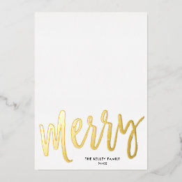 Merry Brush Script Minimalist Vertical Photo Real Foil Holiday Card