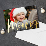 Merry brush script photo Christmas Foil Holiday Card<br><div class="desc">A bold, foil "merry" in a modern brush script sits at the base of a horizontal photo on this festive Christmas card. With a bright red backer featuring a star pattern, this is the perfect way to send holiday greetings with your favourite family photo. The red can be changed by...</div>