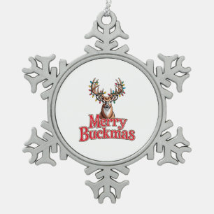 Merry Buckmas Deer Head Hunting Holiday Christmas Snowflake Pewter Christmas Ornament
