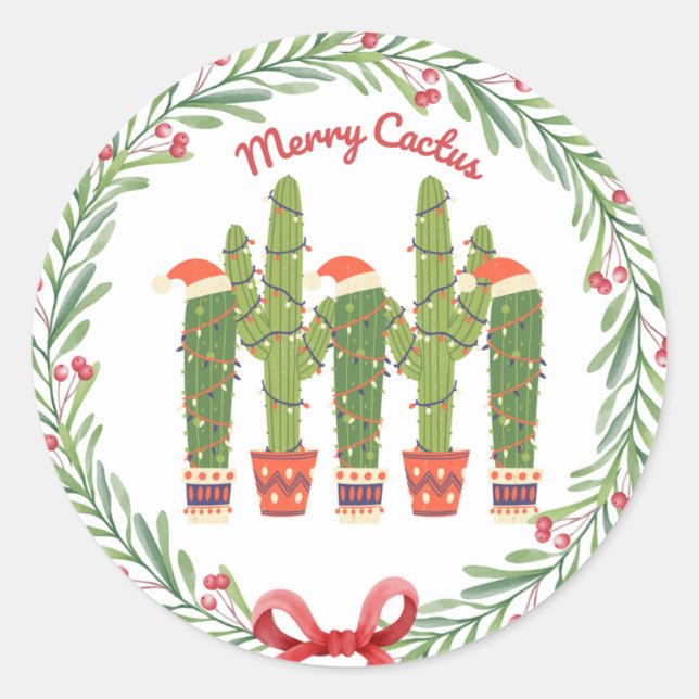 Merry Cactus Round Sticker (Front)