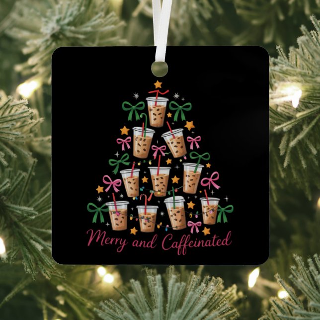 Merry & Caffeinated Xmas Coquette Coffee Latte Metal Ornament (Insitu)