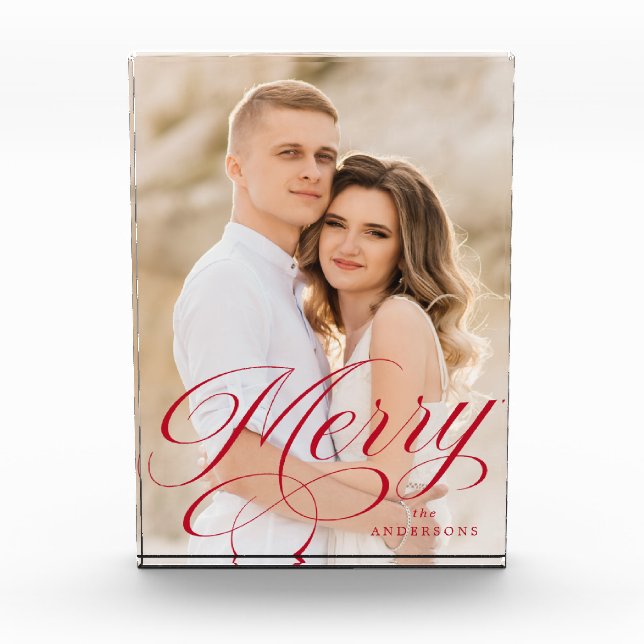 Merry Calligraphy Red Script Holiday Photo Block (Front)