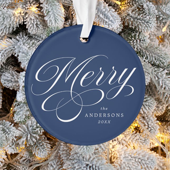 Merry Calligraphy Script Navy Blue Photo Ornament (Creator Uploaded)