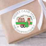 Merry Camp-mas! Funny Camping Pun Christmas Classic Round Sticker<br><div class="desc">Camping themed Christmas stickers. Cute hand drawn retro vintage RV decorated in Christmas lights.</div>