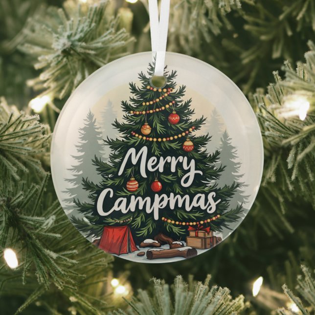 Merry Campmas Camping Theme Christmas Tree Glass Ornament (Insitu)