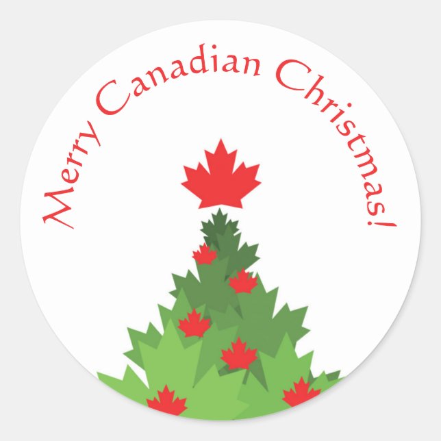 Merry Canadian Flag Maple Leaf Christmas Tree Classic Round Sticker (Front)