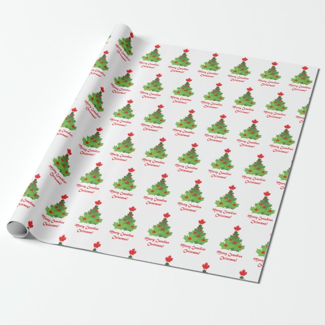 Merry Canadian Flag Maple Leaf Christmas Tree Wrapping Paper (Unrolled)
