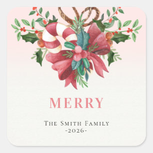 Merry Candy Watercolor Pine Christmas Tree Gifts Square Sticker