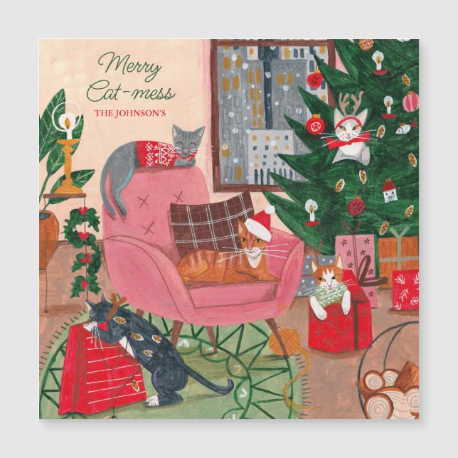 Merry Cat mess chats Carte magnétique de Noël (Devant)