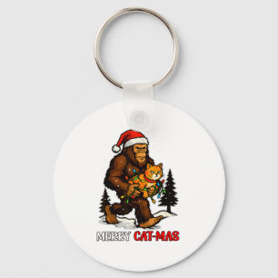 Merry Catmas Bigfoot And Lights Santa Hat Funny Ca Keychain