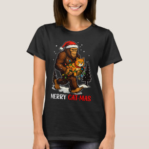 Merry Catmas Bigfoot And Lights Santa Hat Funny Ca T-Shirt