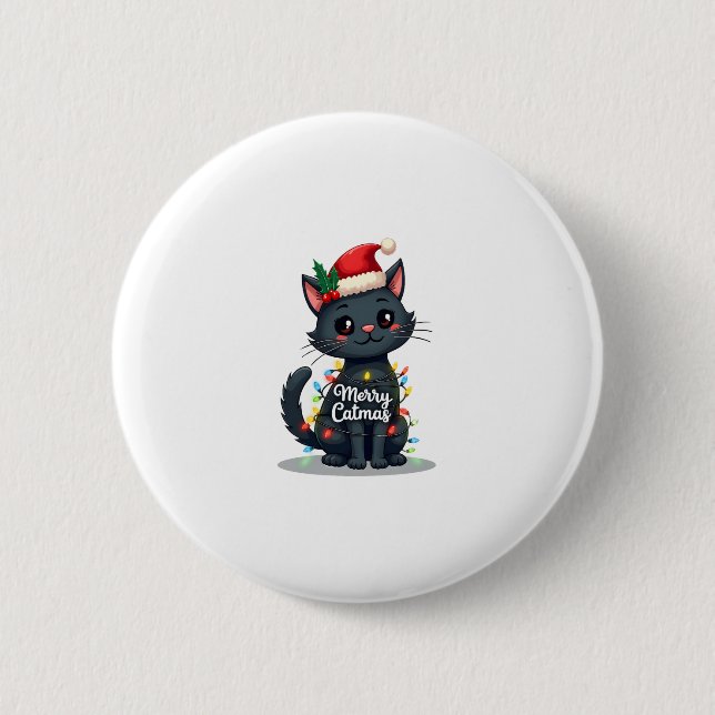 Merry Catmas Black Cat Christmas Light Xmas Family 2 Inch Round Button (Front)