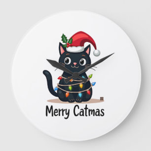 Merry Catmas Black Cat Christmas Light Xmas Family Large Clock