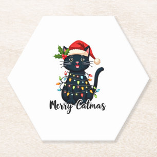 Merry Catmas Black Cat Christmas Light Xmas Family Paper Coaster
