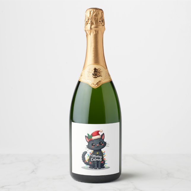 Merry Catmas Black Cat Christmas Light Xmas Family Sparkling Wine Label (Front)