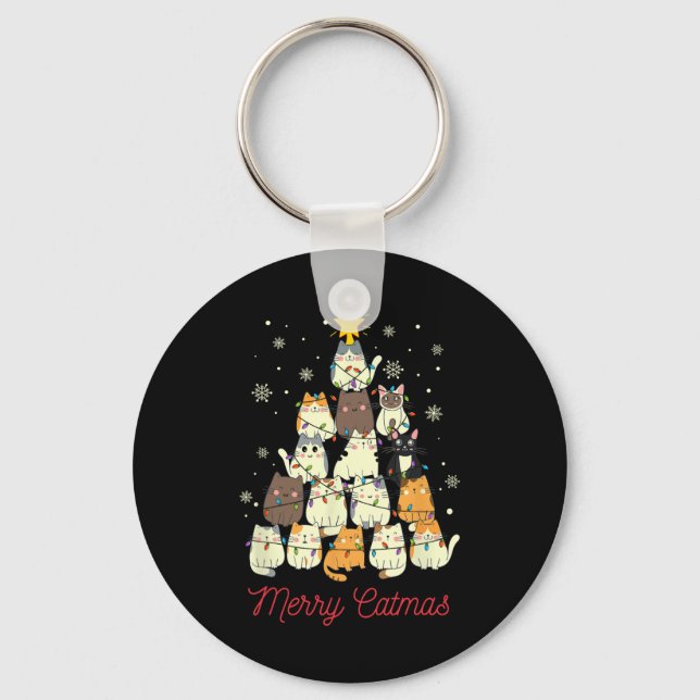 Merry Catmas Cat Christmas Tree Cat Lover  Keychain (Front)